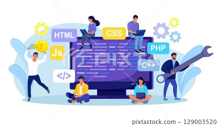 Developing programming and coding technologies and engineering development. Programmer or developer create code. Computer screen with codes. Developer work with task, coding software using pc 129003520