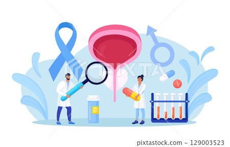Prostate cancer. Urologist examines male genitourinary system. Diagnosis of prostatitis or sexual dysfunction. Andrologist engaged in prevention and treatment of prostate gland diseases. Vector design 129003523