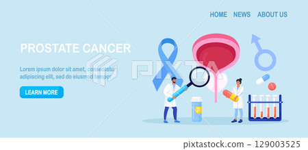 Prostate cancer. Urologist examines male genitourinary system. Diagnosis of prostatitis or sexual dysfunction. Andrologist engaged in prevention and treatment of prostate gland diseases. Vector design 129003525