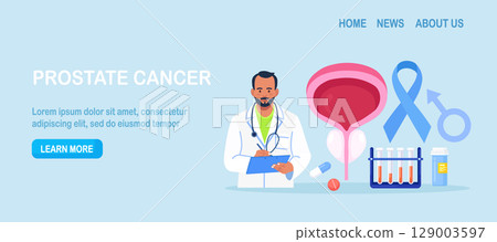 Prostate cancer. Urologist examines male genitourinary system. Diagnosis of prostatitis or sexual dysfunction. Andrologist engaged in prevention and treatment of prostate gland diseases. Vector design Prostate cancer. Urologist examines male genitourinary system. Diagnosis of prostatitis or sexual dysfunction. Andrologist engaged in prevention and treatment of prostate gland diseases. Vector design 129003597
