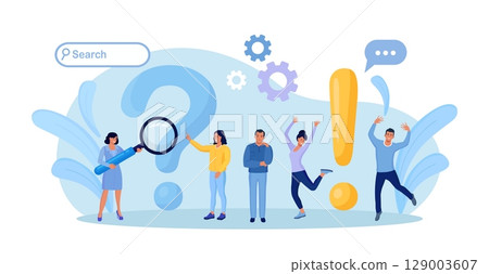 Frequently Asked Questions. Business People Standing near Exclamations and Question Marks. Clients Ask Questions, Search and Receive Answers. Help Information, Instruction. Online Support Center 129003607