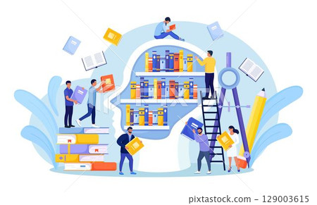 Books library in head shape with shelves. Library bookshelves. Knowledge or education, intelligence experience. Information base in people head. Mind training with literature reading or study 129003615