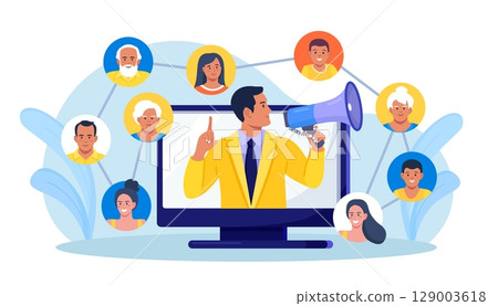 Refer a friend. Social media marketing, referral program. People share information with affiliate referrals and making money. Man tell his friends about action and all benefited 129003618