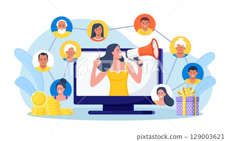 Refer a friend. Social media marketing, referral program. People share information with affiliate referrals and making money. Woman tell her friends about action and all benefited. Vector design 129003621