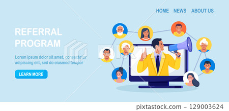 Refer a friend. Social media marketing, referral program. People share information with affiliate referrals and making money. Man tell his friends about action and all benefited. Vector design 129003624