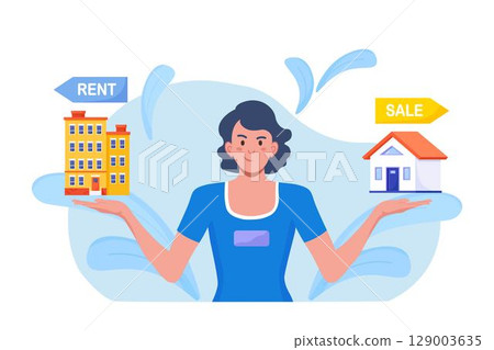 Woman choosing between rent and sell property. Rent apartment, buying house. Mortgage loan, real estate investment. Choice between selling and tenancy home. Home purchase dealing 129003635