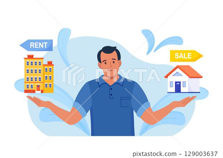 Man choosing between rent and sell property. Rent apartment, buying house. Mortgage loan, real estate investment. Choice between selling and tenancy home. Home purchase dealing 129003637
