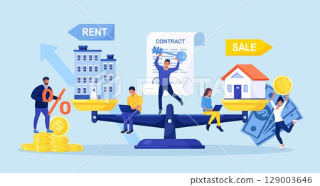 House and apartment on scales. People choosing between rent and sell property. Sale or rent apartment, buying house. Mortgage loan, real estate investment. Choice between selling and tenancy home 129003646