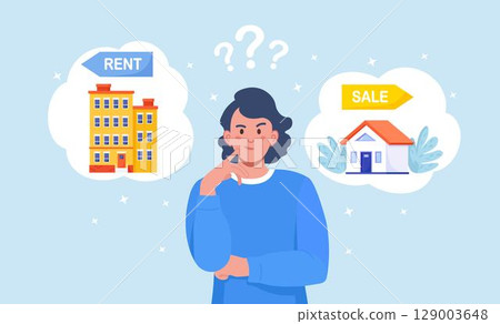 Woman choosing between rent and sell property. Rent apartment, buying house. Mortgage loan, real estate investment. Choice between selling and tenancy home. Home purchase dealing 129003648