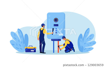Plumber worker repairs broken water heater. Repairmen in uniform install boiler, appliance. Home maintenance and plumbing services. Handyman fixing plumbing problems. Repair of heating system 129003659