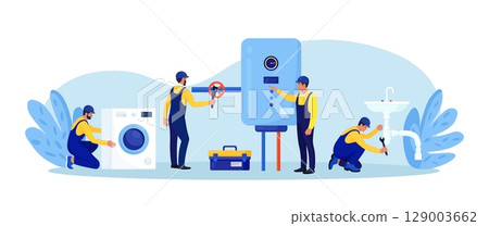 Repairmen in uniform repair electrical home appliance, water heater with tool. Professional workers with wrench. Home masters fixing broken technics, plumbing. Electrician plumber call. Repair service Repairmen in uniform repair electrical home appliance, water heater with tool. Professional workers with wrench. Home masters fixing broken technics, plumbing. Electrician plumber call. Repair service 129003662