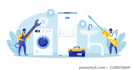 Repairmen in uniform repair electrical home appliance with tool. Professional workers with wrench, screwdriver. Home masters fixing broken technics, plumbing. Electrician, plumber call. Repair service Repairmen in uniform repair electrical home appliance with tool. Professional workers with wrench, screwdriver. Home masters fixing broken technics, plumbing. Electrician, plumber call. Repair service 129003664