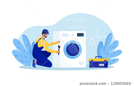 Repairmen in uniform repair electrical washing machine with tool. Professional workers with wrench. Home masters fixing broken home appliance, plumbing. Electrician, plumber call. Repair service 129003669