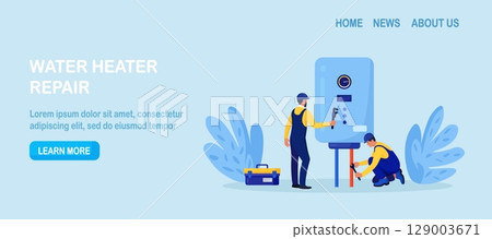 Plumber worker repairs broken water heater. Repairmen in uniform install boiler, appliance. Home maintenance and plumbing services. Handyman fixing plumbing problems. Repair of heating system 129003671