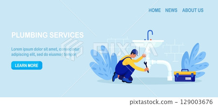 Repairman in uniform repairs ceramic sink, plumbing pipes with tool. Professional worker with wrench. Home masters, handyman fixing broken home plumbing. Electrician, plumber call. Repair service 129003676