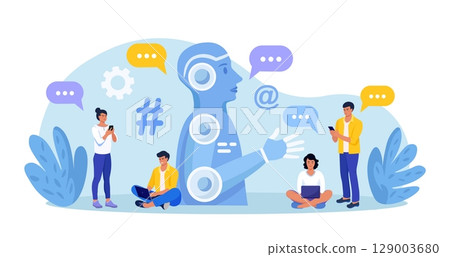 Chatbot conversation with clients. Chat bot chatting. Optimizing language models for dialogue. Artificial intelligence robot answer questions, generate refinement conversation, provide smart solution 129003680
