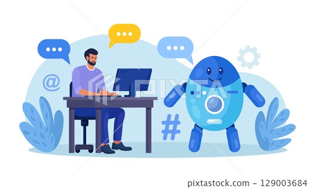 Chatbot conversation with clients. Chat bot chatting. Optimizing language models for dialogue. Artificial intelligence robot answer questions, generate refinement conversation, provide smart solution Chatbot conversation with clients. Chat bot chatting. Optimizing language models for dialogue. Artificial intelligence robot answer questions, generate refinement conversation, provide smart solution 129003684