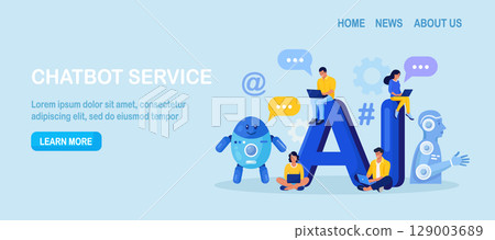 Artificial intelligence robot answer questions provide smart conversation. Online communication with chat bot. AI assistant answer customer in support service. Users chatting with chatbot in messenger 129003689