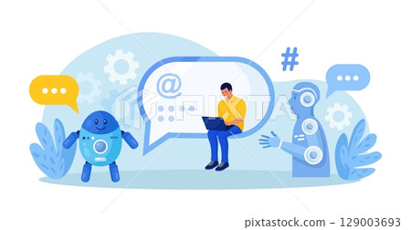 Chatbot conversation with clients. Chat bot chatting. Optimizing language models for dialogue. Artificial intelligence robot answer questions, generate refinement conversation, provide smart solution 129003693