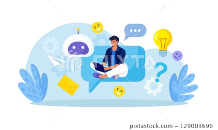 Customer talking with chatbot. Person chatting with robot, asking questions and receiving answers. Artificial Intelligence in marketing. FAQ. Chat bot virtual assistant. Customer support Customer talking with chatbot. Person chatting with robot, asking questions and receiving answers. Artificial Intelligence in marketing. FAQ. Chat bot virtual assistant. Customer support 129003696