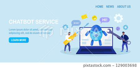 Robotic process automation innovation technology. People develop chatbot with electronic tools, software. Artificial Intelligence in marketing. FAQ. Chat bot virtual assistant. Customer support Robotic process automation innovation technology. People develop chatbot with electronic tools, software. Artificial Intelligence in marketing. FAQ. Chat bot virtual assistant. Customer support 129003698
