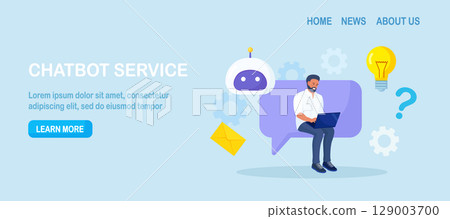 Customer talking with chatbot. Person chatting with robot, asking questions and receiving answers. Artificial Intelligence in marketing. FAQ. Chat bot virtual assistant. Customer support 129003700