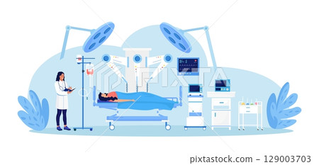 Robotic surgery. Surgeon controlling, manipulating robot arm. Innovative medicine. Medical staff performing operation on patient with help of robotic, automated equipment. Innovation surgical process Robotic surgery. Surgeon controlling, manipulating robot arm. Innovative medicine. Medical staff performing operation on patient with help of robotic, automated equipment. Innovation surgical process 129003703