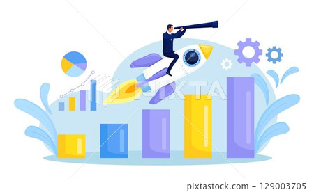 Businessman sitting on Flying Rocket, Spaceship or Spacecraft. Character Looking Through Spyglass. New Business Project Launching, Successful Start Up. Innovation Idea Research Businessman sitting on Flying Rocket, Spaceship or Spacecraft. Character Looking Through Spyglass. New Business Project Launching, Successful Start Up. Innovation Idea Research 129003705
