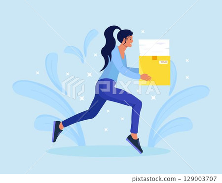 Businesswoman is fast running with documents in carton box. Time is money. Busy stressed woman rushing hurry to get on time. Work problem, deadline fail, overtime job. Businesswoman is fast running with documents in carton box. Time is money. Busy stressed woman rushing hurry to get on time. Work problem, deadline fail, overtime job. 129003707