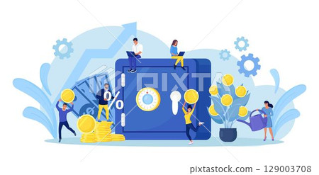 Safe with dollar banknotes, coins in deposit box. Business people investing money on bank account. Cash protection, savings in moneybox. Financial saving insurance concept Safe with dollar banknotes, coins in deposit box. Business people investing money on bank account. Cash protection, savings in moneybox. Financial saving insurance concept 129003708
