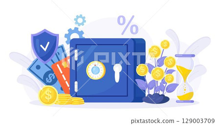 Closed safe box with stack of coins, money tree, hourglass, shield. Bank vault security, deposit storage, cash safety safebox. Savings protection 129003709