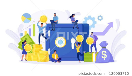 Safe with dollar banknotes, coins in deposit box. Business people investing money on bank account. Cash protection, savings in moneybox. Financial saving insurance concept 129003710