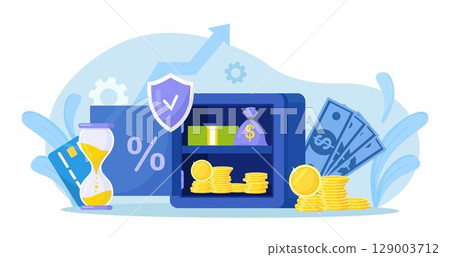 Opened safe box with stack of coins, money, hourglass, shield. Bank vault security, deposit storage, cash safety safebox. Savings protection 129003712