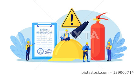 OSHA concept. Occupational safety regulations and health inspection. Government service protecting safety at job. Worker security protection policy. Caution regulation document for trauma prevention OSHA concept. Occupational safety regulations and health inspection. Government service protecting safety at job. Worker security protection policy. Caution regulation document for trauma prevention 129003714