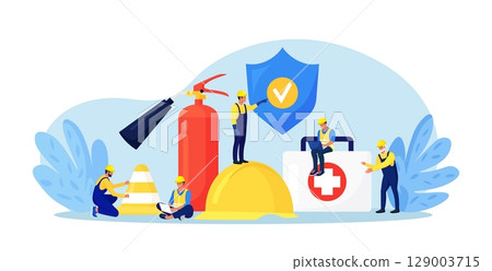 OSHA concept. Occupational safety regulations and health inspection. Government service protecting safety at job. Worker security protection policy. Caution regulation document for trauma prevention 129003715