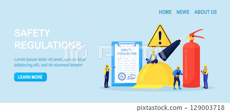 OSHA concept. Occupational safety regulations and health inspection. Government service protecting safety at job. Worker security protection policy. Caution regulation document for trauma prevention OSHA concept. Occupational safety regulations and health inspection. Government service protecting safety at job. Worker security protection policy. Caution regulation document for trauma prevention 129003718