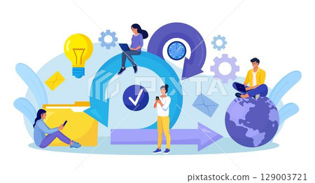 Scrum Framework concept. Scrum process diagram as agile software development scheme. Team discussing tasks at Kanban board and working on laptop. Business meeting. Project management work cycle 129003721