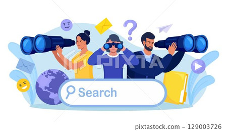 Employees looking for new business or career opportunities. People looking into future choosing direction of development. Curious characters looking through binoculars. Business research, web surfing 129003726