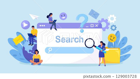 People Use Search Bar. Searching Information in Internet, Communication in Social Network. Characters Using Phone and Laptop for Searching Info in Web Browser. Search Engine Optimization and Analytics 129003728