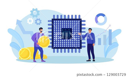 Semiconductor shortage. Businessman gives dollar coins for microchip. Computer chip supply chain shortage due, electronics manufacturing problem. Buyer pay high price for micro CPU. Vector design Semiconductor shortage. Businessman gives dollar coins for microchip. Computer chip supply chain shortage due, electronics manufacturing problem. Buyer pay high price for micro CPU. Vector design 129003729