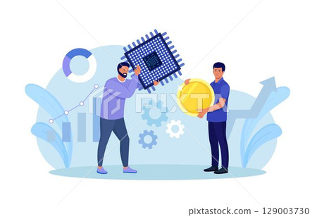 Semiconductor shortage. Businessman gives dollar coins for microchip. Computer chip supply chain shortage due, electronics manufacturing problem. Buyer pay high price for micro CPU 129003730