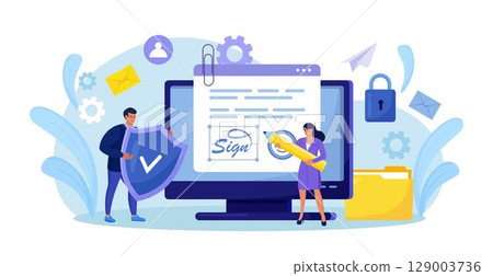Business woman signing contract with digital pen on computer. Electronic contract with digital signature. Businessmen make online deal with e-signature. Safe agreement conclusion, business partnership Business woman signing contract with digital pen on computer. Electronic contract with digital signature. Businessmen make online deal with e-signature. Safe agreement conclusion, business partnership 129003736