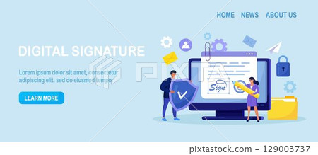 Business woman signing contract with digital pen on laptop. Electronic contract with digital signature. Businessmen make online deal with e-signature. Safe agreement conclusion, business partnership Business woman signing contract with digital pen on laptop. Electronic contract with digital signature. Businessmen make online deal with e-signature. Safe agreement conclusion, business partnership 129003737