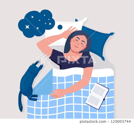 Woman sleeping at night with book and cat. Girl sleep in bed on pillow under duvet. Peaceful dream and relax. Resting time and comfortable relaxation. Sweet dreams, good health 129003744