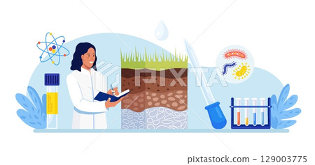 Soil analysis, earth pollution. Scientists study of composition of substances in ground layer structure sample. Woman research soil nutrients, microorganism in laboratory. Bioengineering, chemistry 129003775