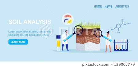Soil analysis, earth pollution. Scientists study of composition of substances in ground layer structure sample. People research soil nutrients, microorganism in laboratory. Bioengineering, chemistry 129003779