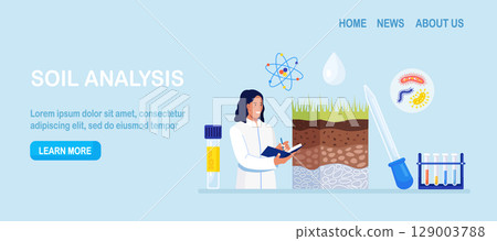 Soil analysis, earth pollution. Scientists study of composition of substances in ground layer structure sample. Woman research soil nutrients, microorganism in laboratory. Bioengineering, chemistry Soil analysis, earth pollution. Scientists study of composition of substances in ground layer structure sample. Woman research soil nutrients, microorganism in laboratory. Bioengineering, chemistry 129003788