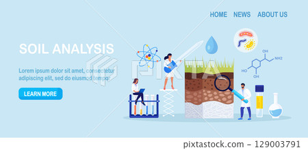 Soil analysis, earth pollution. Scientists study of composition of substances in ground layer structure sample. People research soil nutrients, microorganism in laboratory. Bioengineering, chemistry 129003791