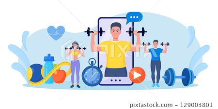 Online sport lesson and fitness course on phone screen. Sportive man training at home with sport equipment. Cardio, yoga and bodybuilding classes. Trainer conducts strength training using website 129003801