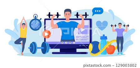 Online sport lesson and fitness course on computer screen. Sportive man training at home with sport equipment. Cardio, yoga and bodybuilding classes. Trainer conducts strength training using website 129003802